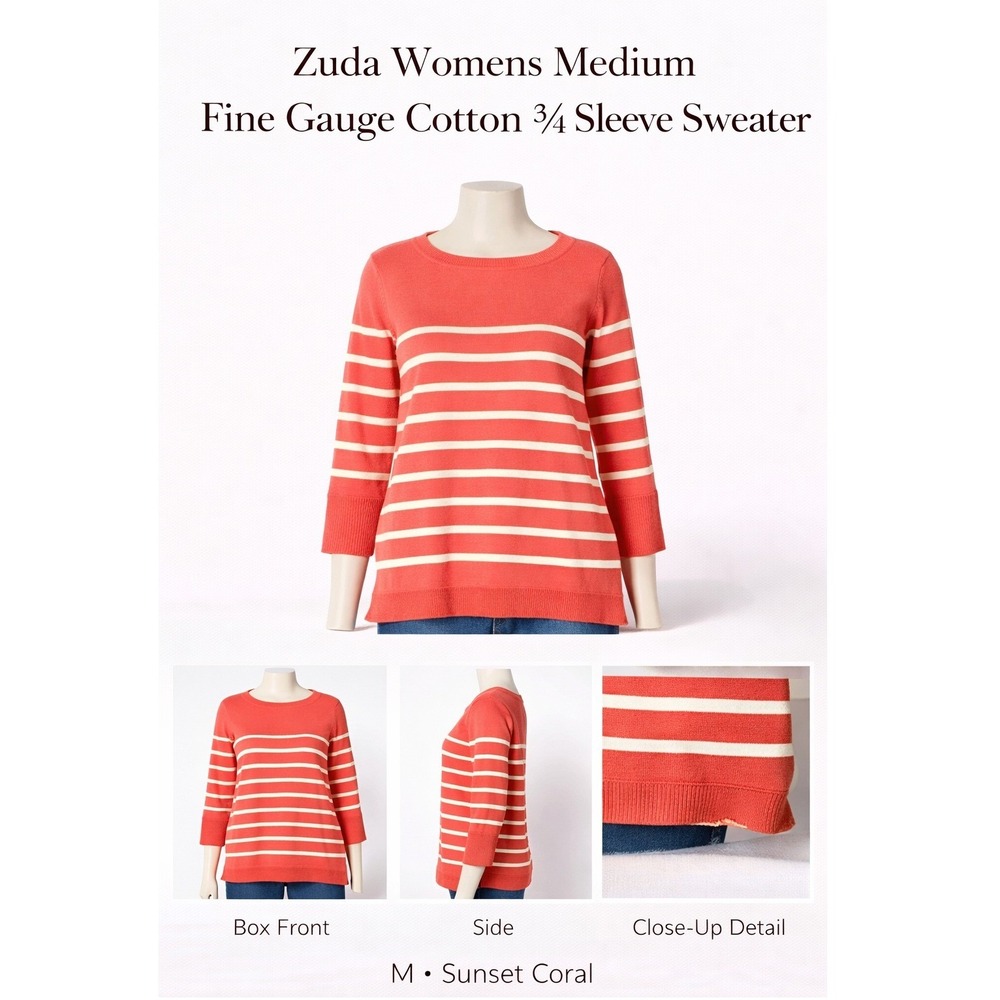 Zuda Women Red White Striped‎ 100% Cotton Boatneck 3/4 Sleeve Missy Sweater New
